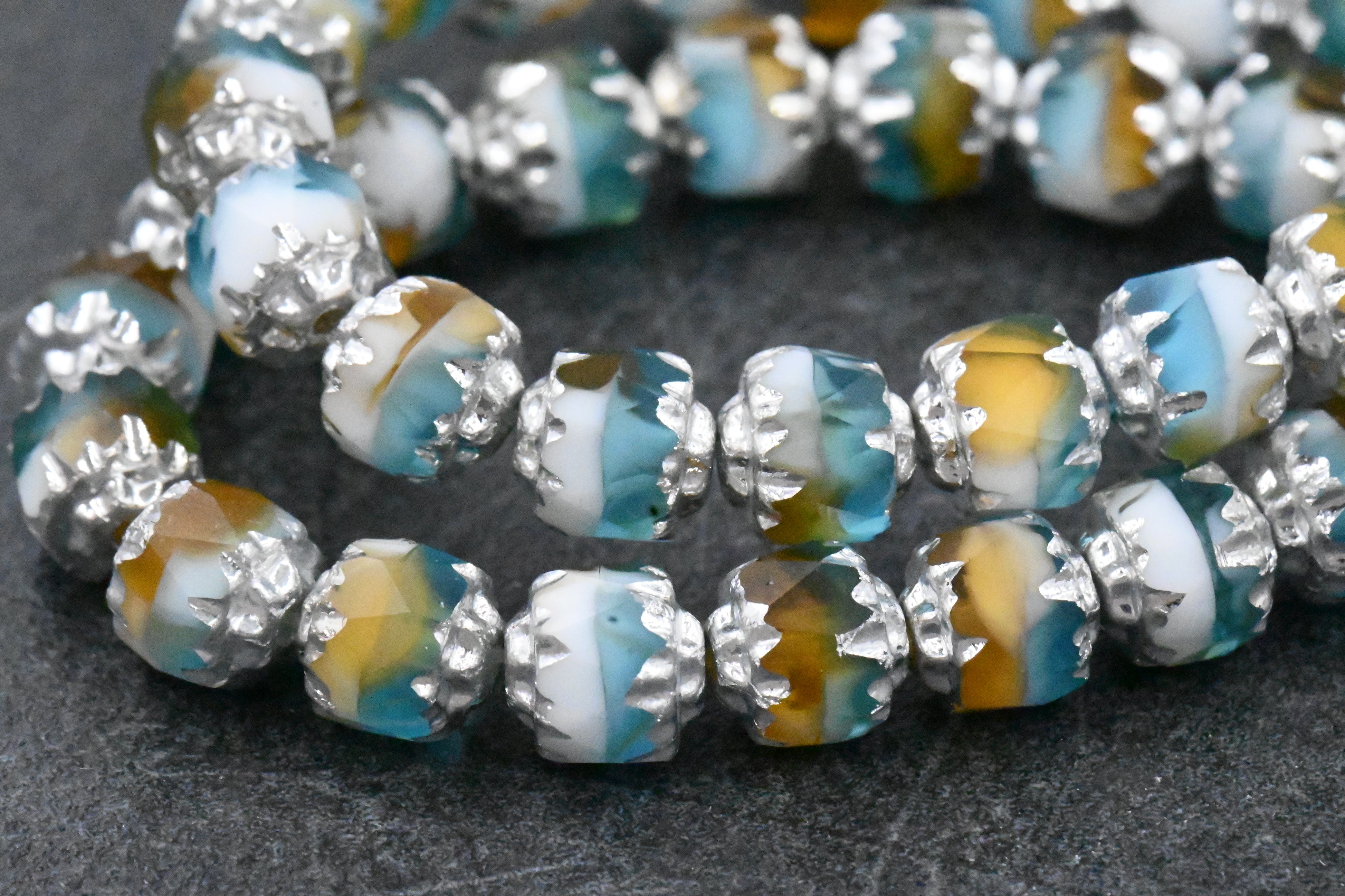 6mm Cathedral Sky Blue, Yellow and White with Silver Finish Czech Glass Beads