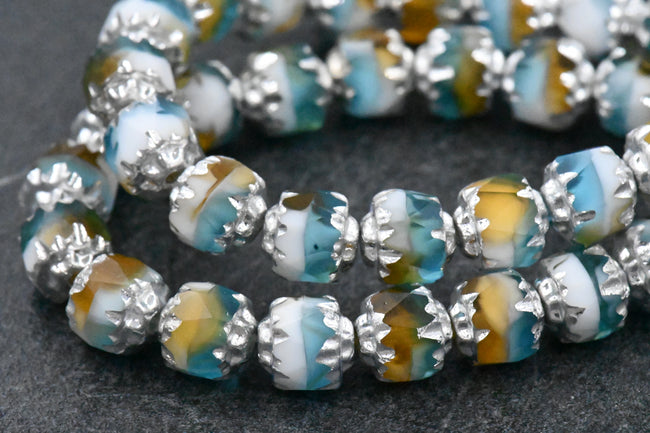 6mm Cathedral Sky Blue, Yellow and White with Silver Finish Czech Glass Beads Main Image