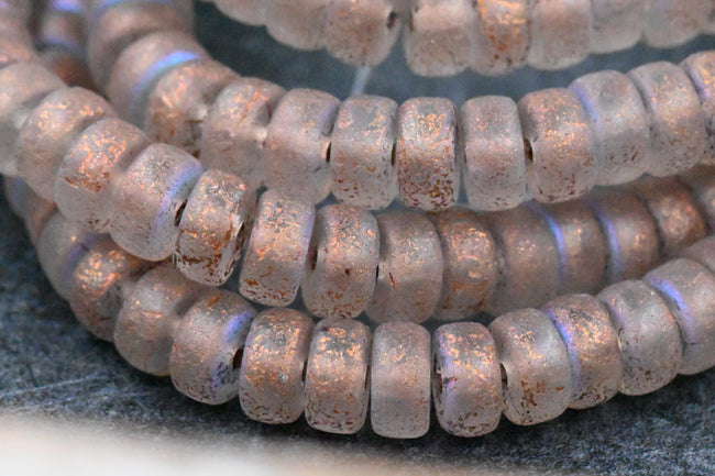 Czech Glass Beads 3x6mm Heishi Transparent Glass with Etched, Copper and AB Finishes 50pc Hover Image