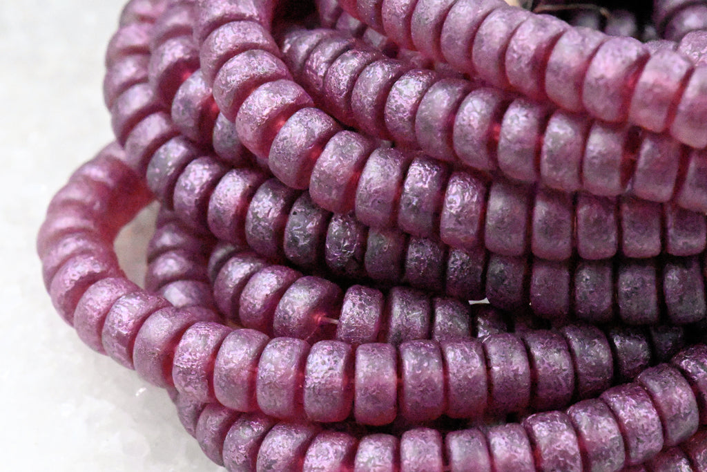 Czech Glass Beads 3x6mm Heishi Claret with Etched and Metallic Pink Wash