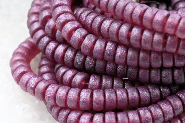Czech Glass Beads 3x6mm Heishi Claret with Etched and Metallic Pink Wash Hover Image