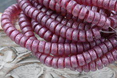 Czech Glass Beads 3x6mm Heishi Claret with Etched and Metallic Pink Wash