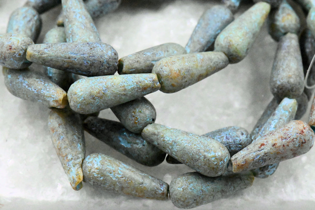 Czech Beads Matte Honey with a Turquoise Wash and Etched Finish 6x15mm Dangle Drop 10pc