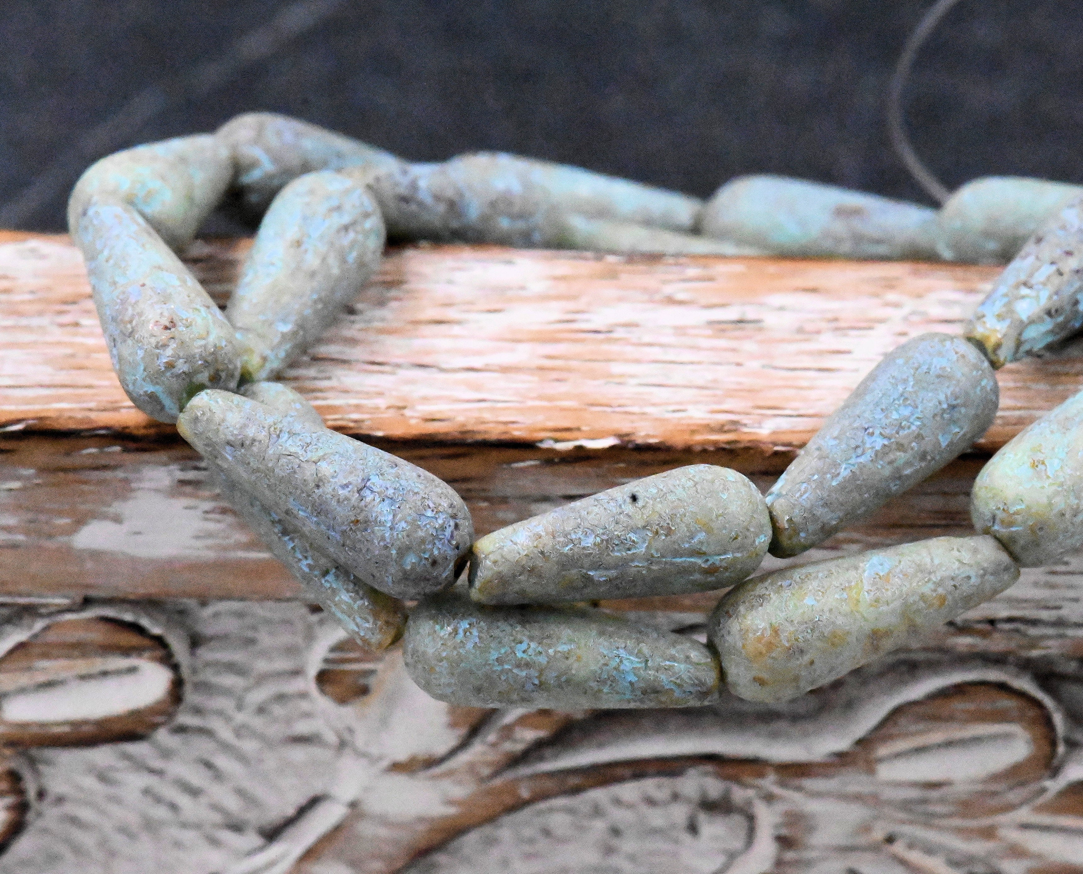 Czech Glass Beads Matte Honey with a Turquoise Wash and Etched Finish 6x15mm Dangle Drop   5pc