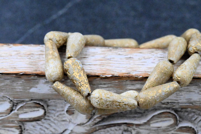 Czech Glass Beads 6x15mm Dangle Drop Beige with a Gold Wash and Etched Finish   10pc Main Image