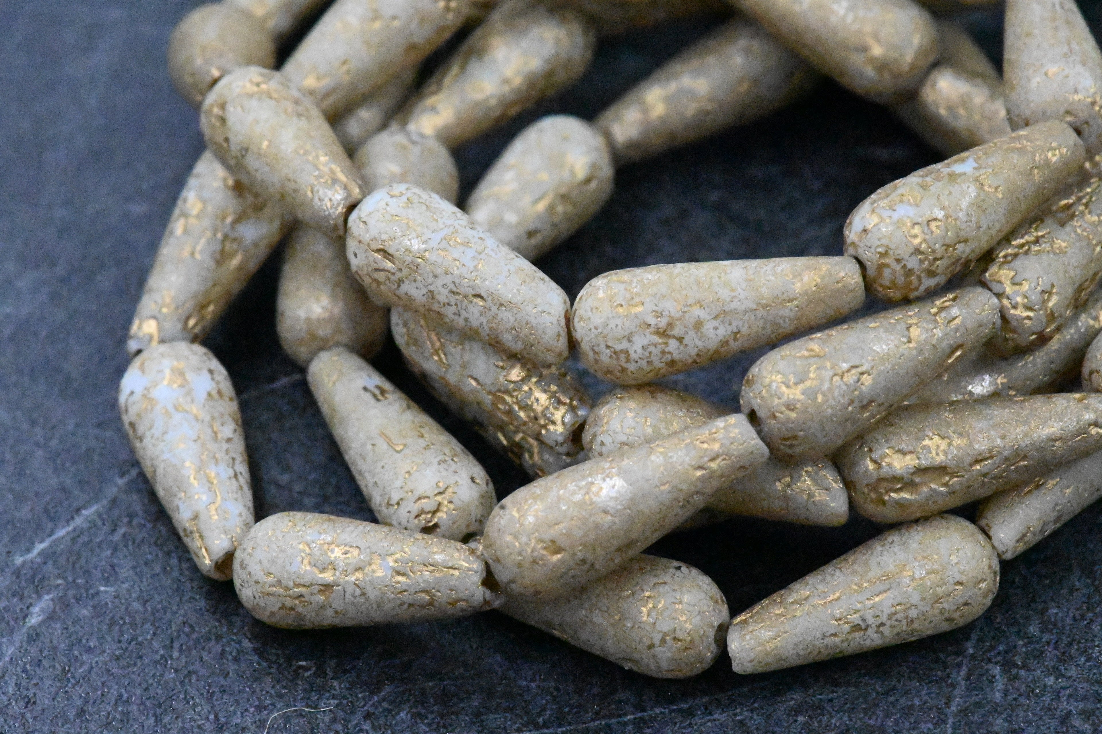 Czech Glass Beads 6x15mm Dangle Drop Beige with a Gold Wash and Etched Finish   10pc