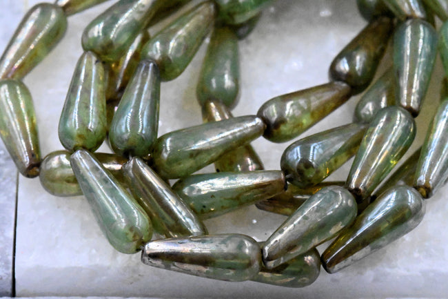 Czech Beads Dangle Drop Celadon with a Picasso Finish   5pc Main Image