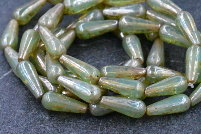 Czech Beads Dangle Drop Celadon with a Picasso Finish   5pc Hover Image