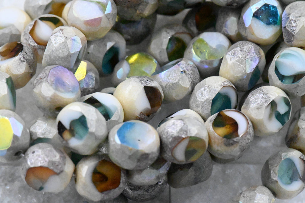 15pc, 8mm Dual Faceted Round Teal, Amber, and White with AB and Antique Silver Finishes Czech Glass Beads