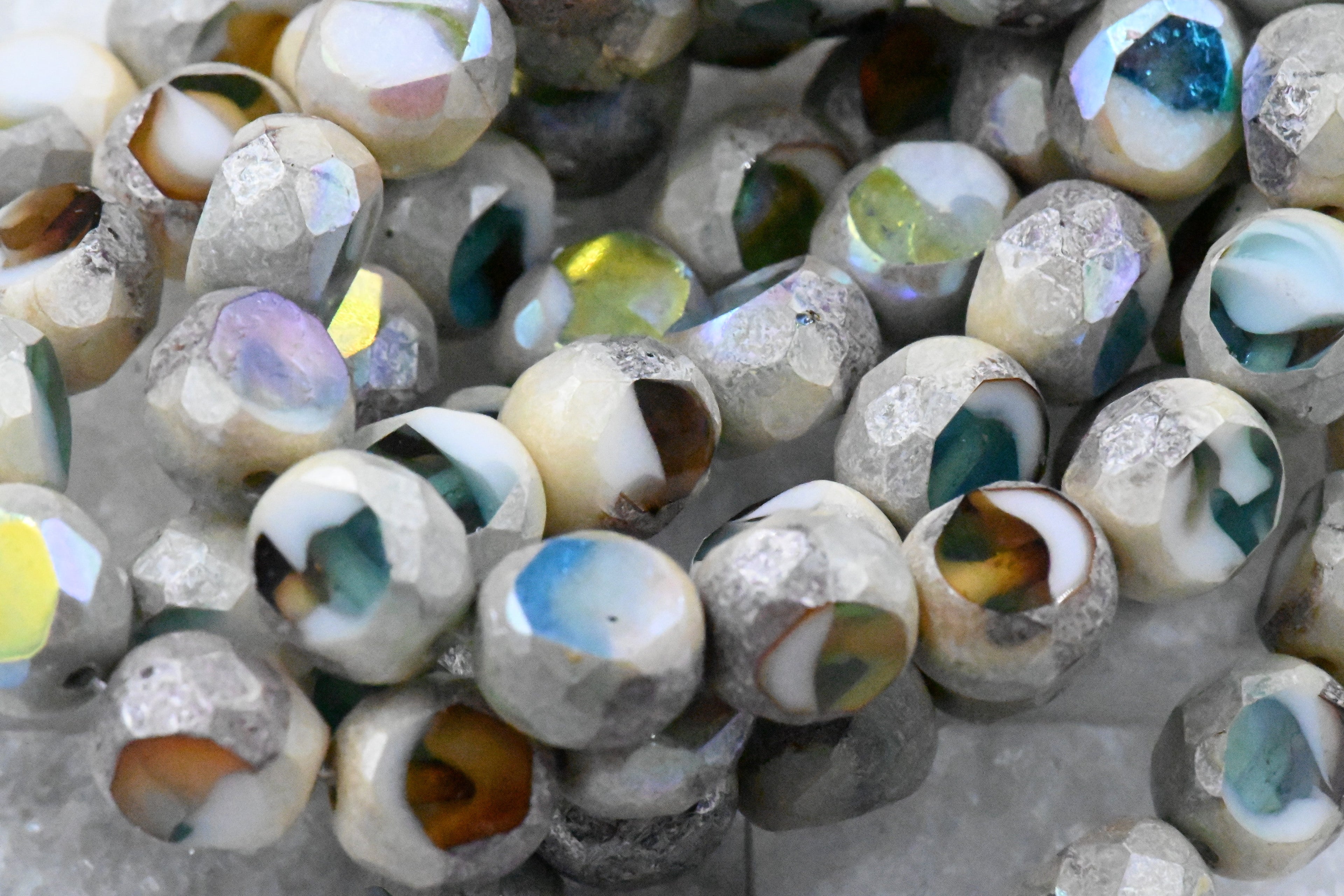 15pc, 8mm Dual Faceted Round Teal, Amber, and White with AB and Antique Silver Finishes Czech Glass Beads