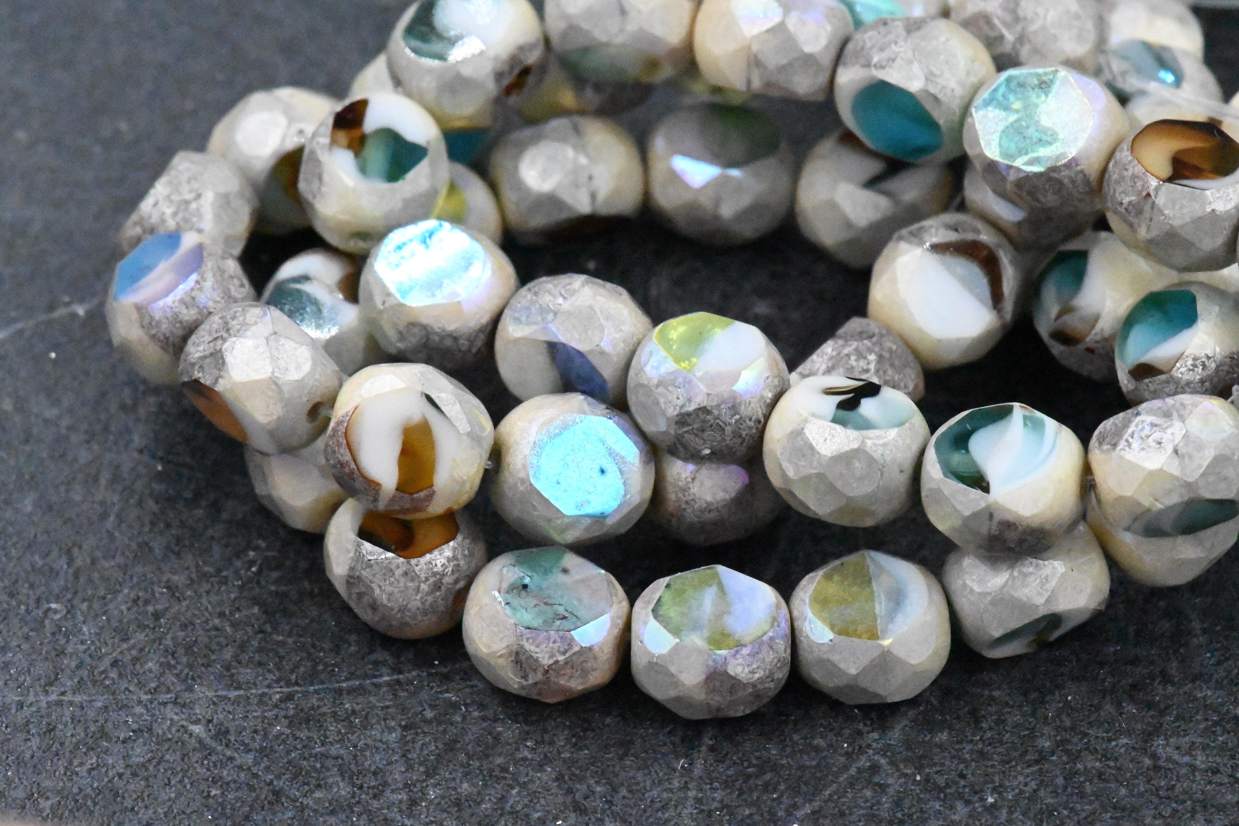 15pc, 8mm Dual Faceted Round Teal, Amber, and White with AB and Antique Silver Finishes Czech Glass Beads