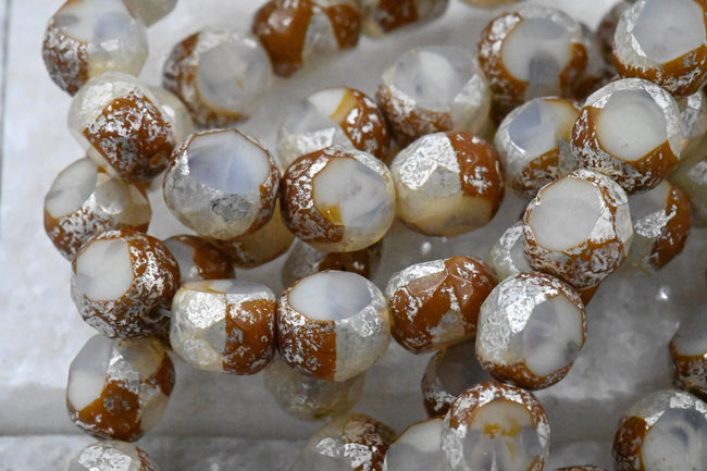 15pc, 8mm Dual Faceted Round Ivory with a Brown and Mercury Finish Czech Glass Hover Image