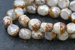 15pc, 8mm Dual Faceted Round Ivory with a Brown and Mercury Finish Czech Glass