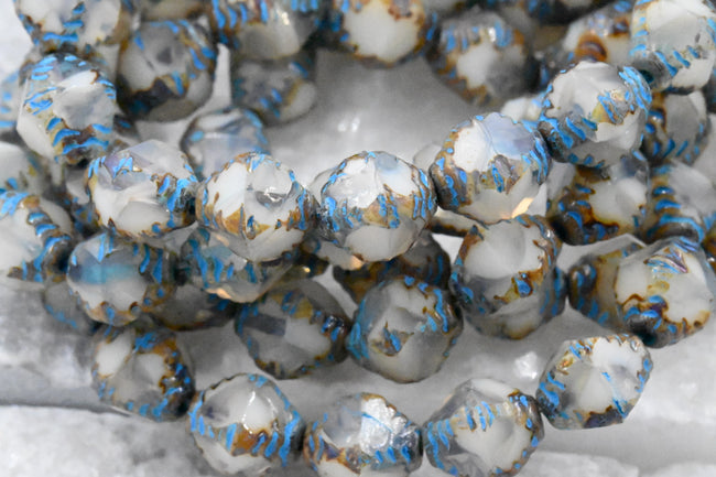 8x10mm Faceted Bicone White with a Picasso Finish and Turquoise Wash Czech Glass Beads 6pc Hover Image