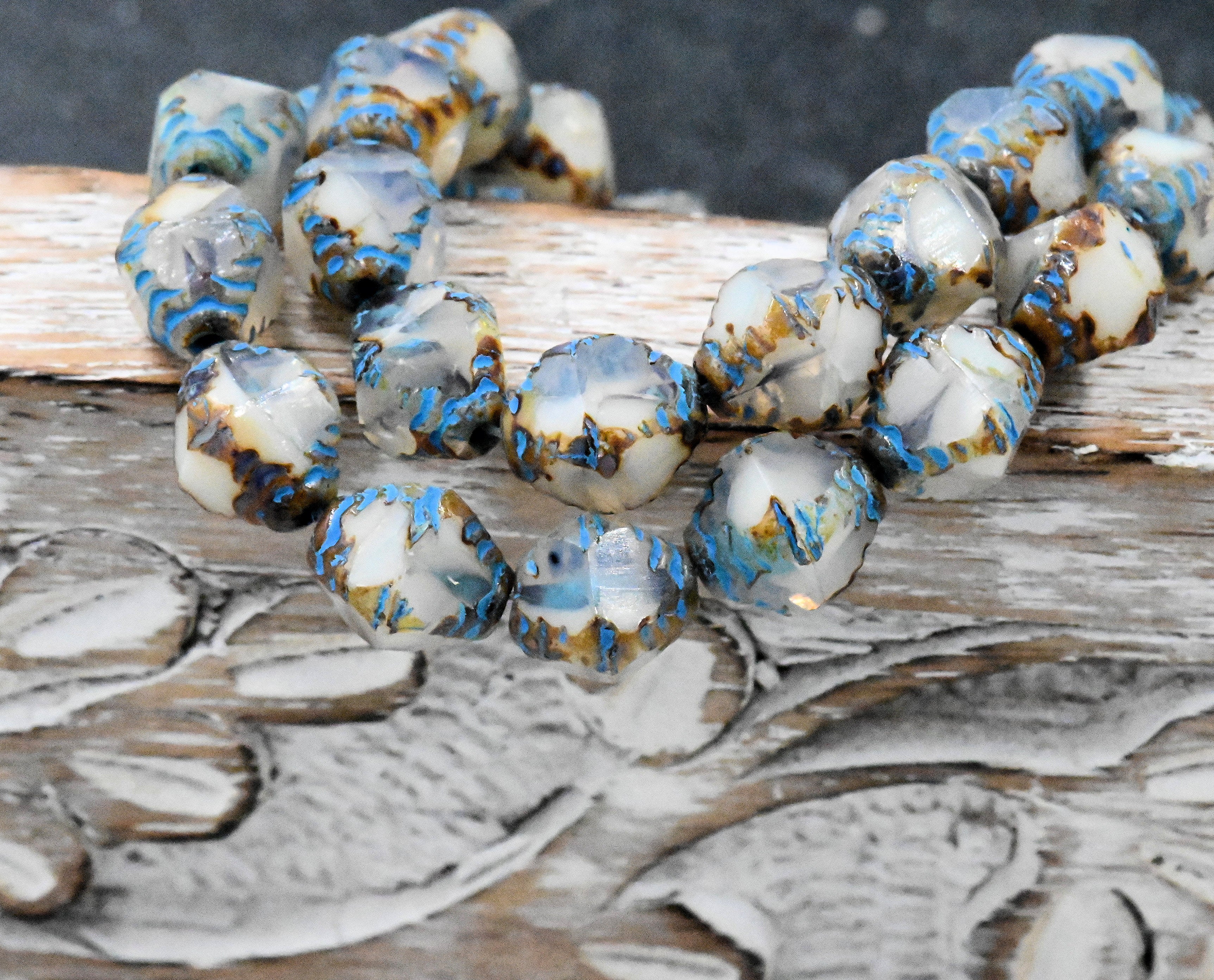 8x10mm Faceted Bicone White with a Picasso Finish and Turquoise Wash Czech Glass Beads 6pc