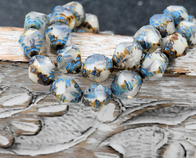 8x10mm Faceted Bicone White with a Picasso Finish and Turquoise Wash Czech Glass Beads 6pc Main Image