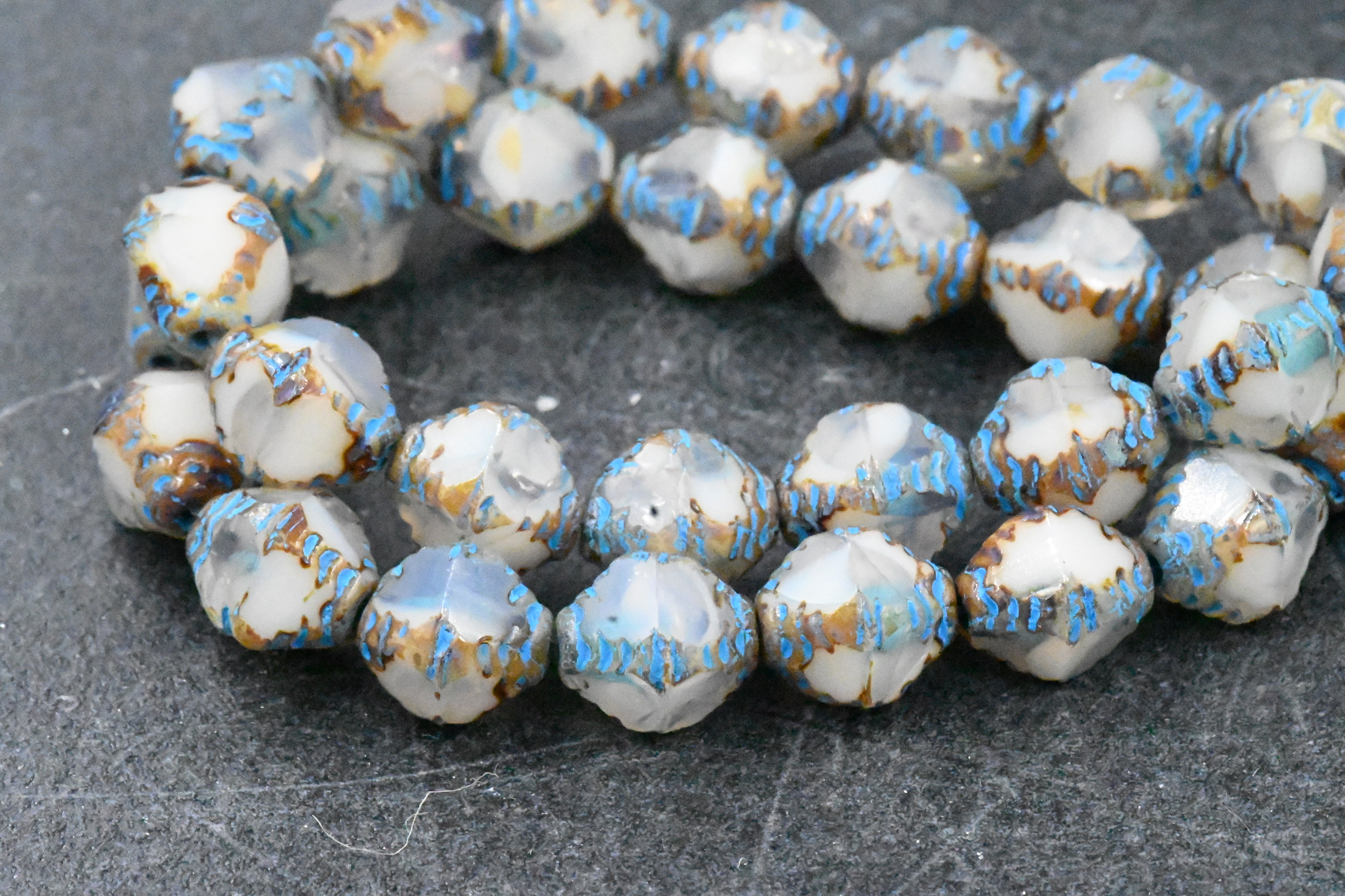 8x10mm Faceted Bicone White with a Picasso Finish and Turquoise Wash Czech Glass Beads 6pc