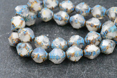 15pc Faceted Bicone White with a Picasso Finish and Turquoise Wash 8x10mm Czech Glass Beads