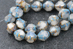 8x10mm Faceted Bicone White with a Picasso Finish and Turquoise Wash Czech Glass Beads 6pc