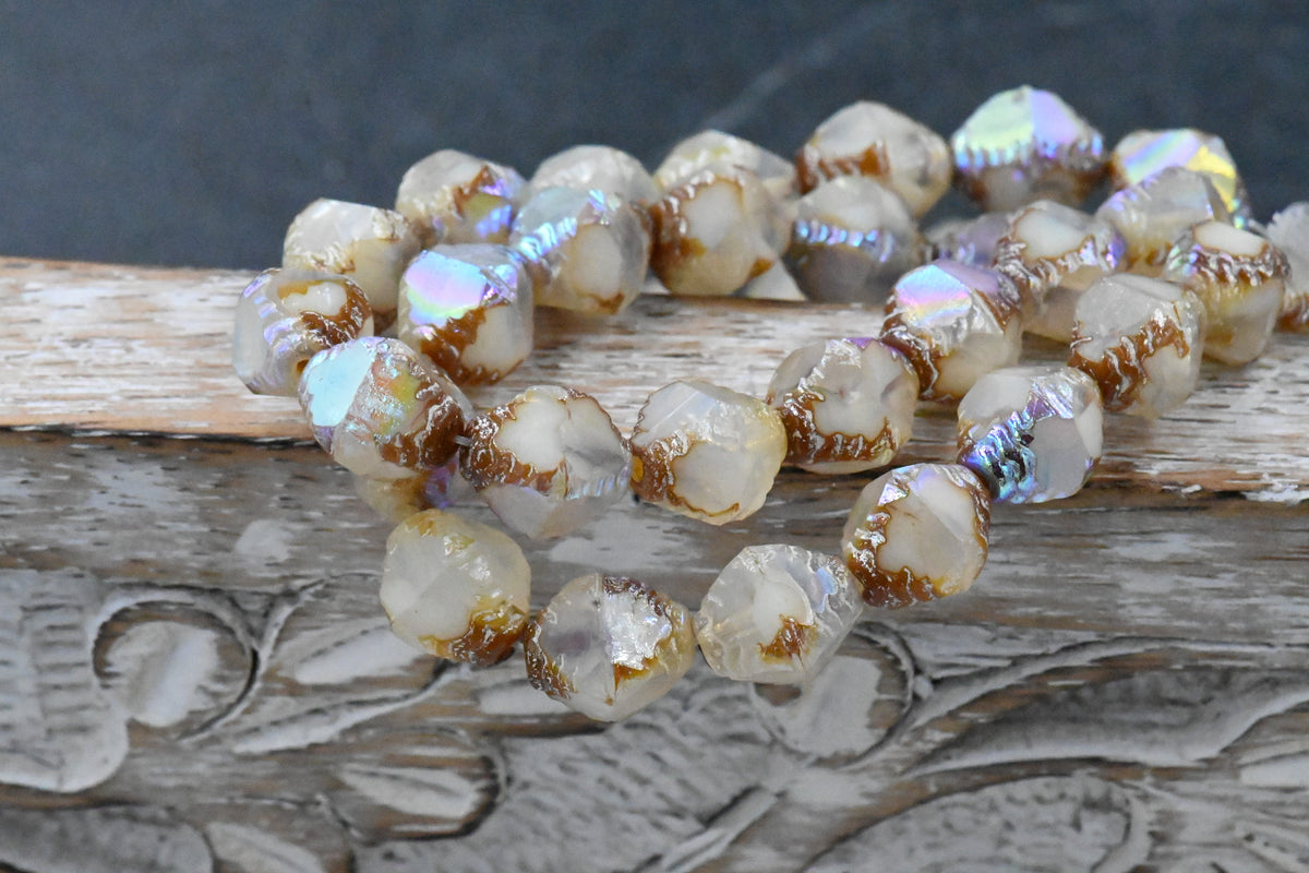 10x8mm Faceted Bicone White with Picasso, Mercury and AB Finishes Czech Glass Beads 6pc