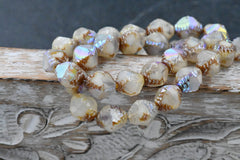 15pc 10x8mm Faceted Bicone White with Picasso, Mercury and AB Finishes Czech Glass Beads