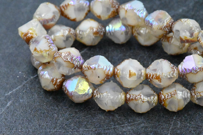 15pc 10x8mm Faceted Bicone White with Picasso, Mercury and AB Finishes Czech Glass Beads Main Image