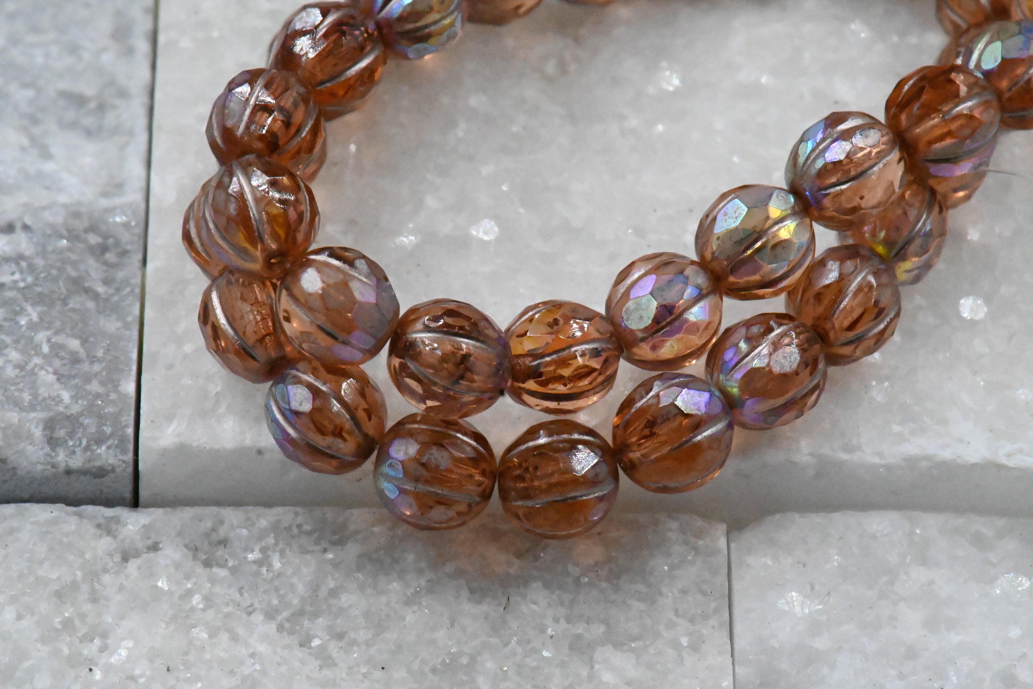 Czech Glass Beads 8mm Faceted Melon Peach with AB Finish and Metallic Beige Wash 10pc