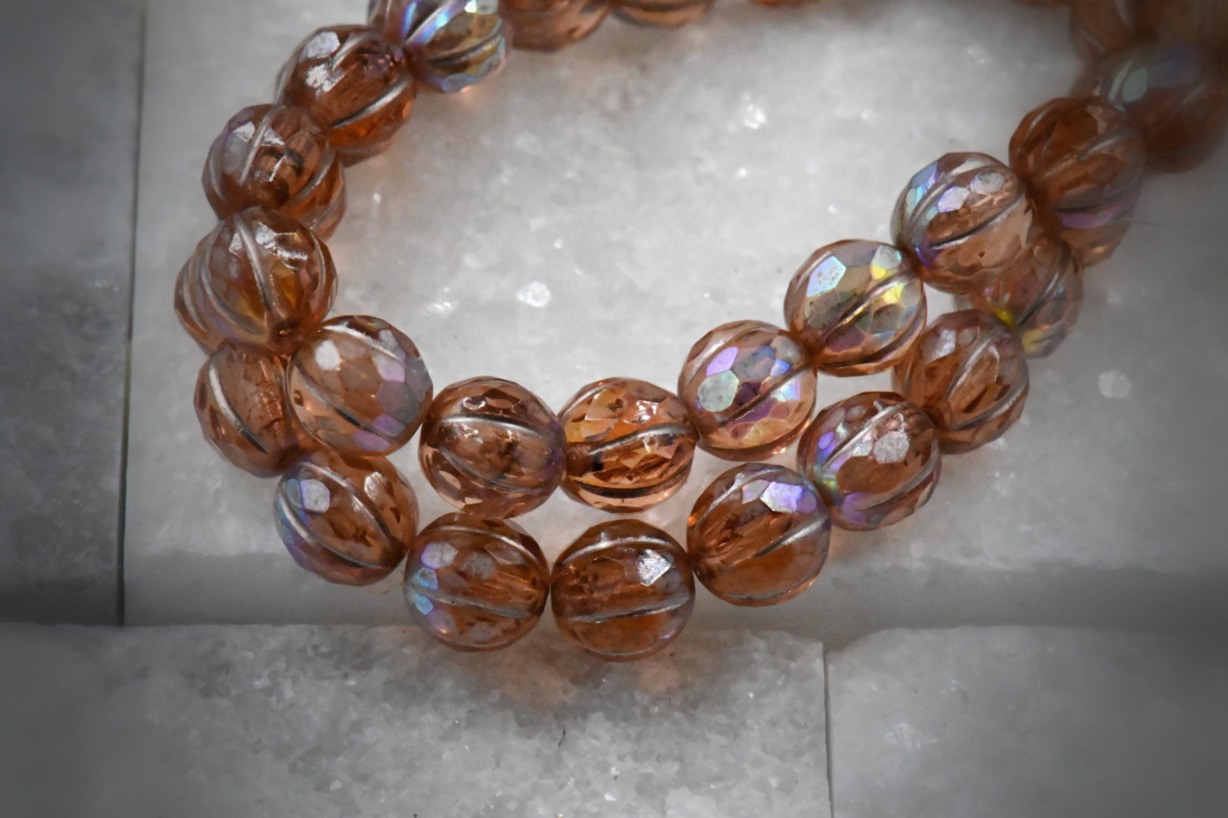 Czech Glass Beads 8mm Faceted Melon Peach with AB Finish and Metallic Beige Wash 20pc