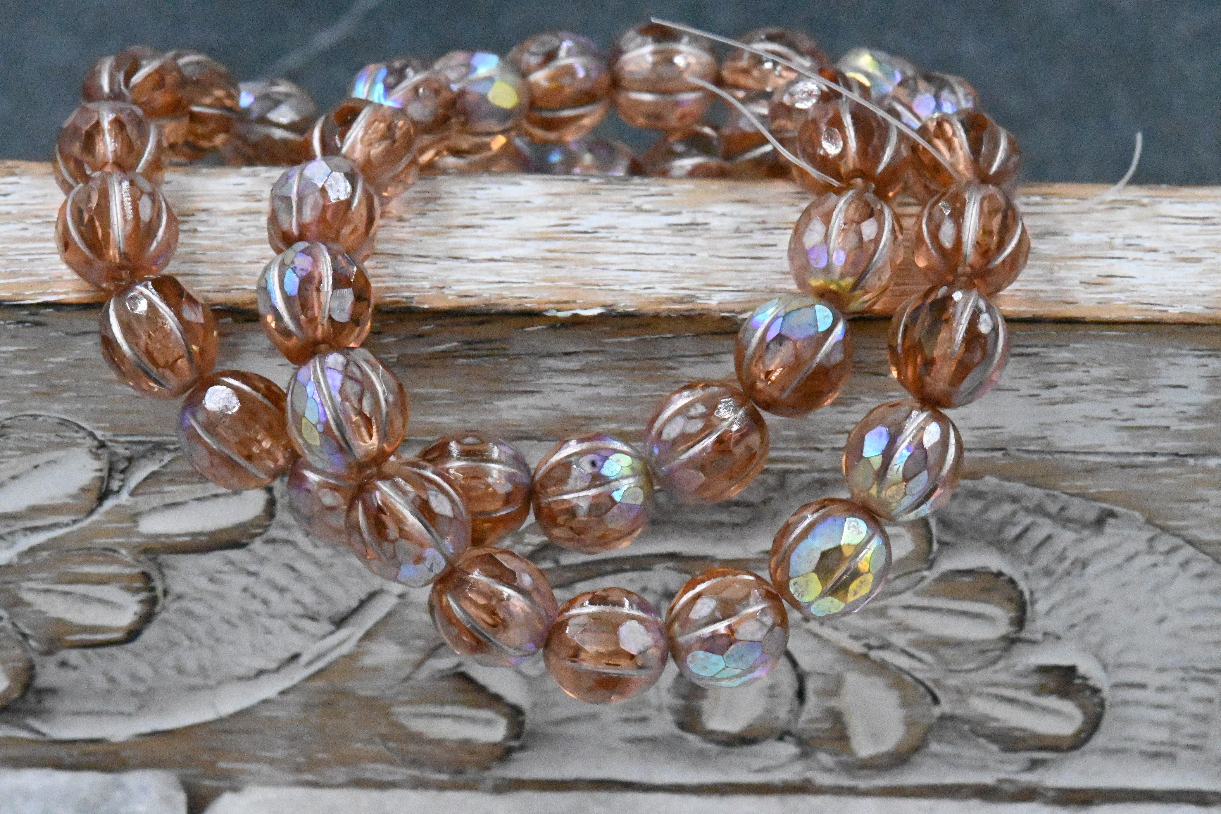 Czech Glass Beads 8mm Faceted Melon Peach with AB Finish and Metallic Beige Wash 20pc