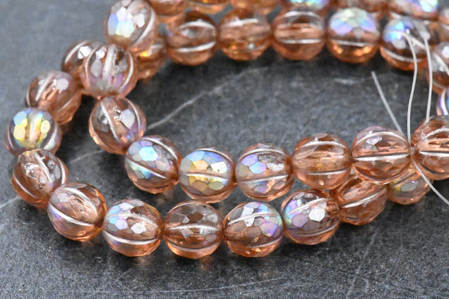 Czech Glass Beads 8mm Faceted Melon Peach with AB Finish and Metallic Beige Wash 10pc Main Image