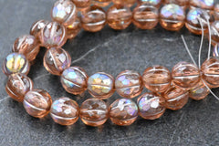 Czech Glass Beads 8mm Faceted Melon Peach with AB Finish and Metallic Beige Wash 10pc