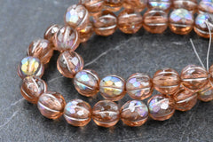 Czech Glass Beads 8mm Faceted Melon Peach with AB Finish and Metallic Beige Wash 20pc