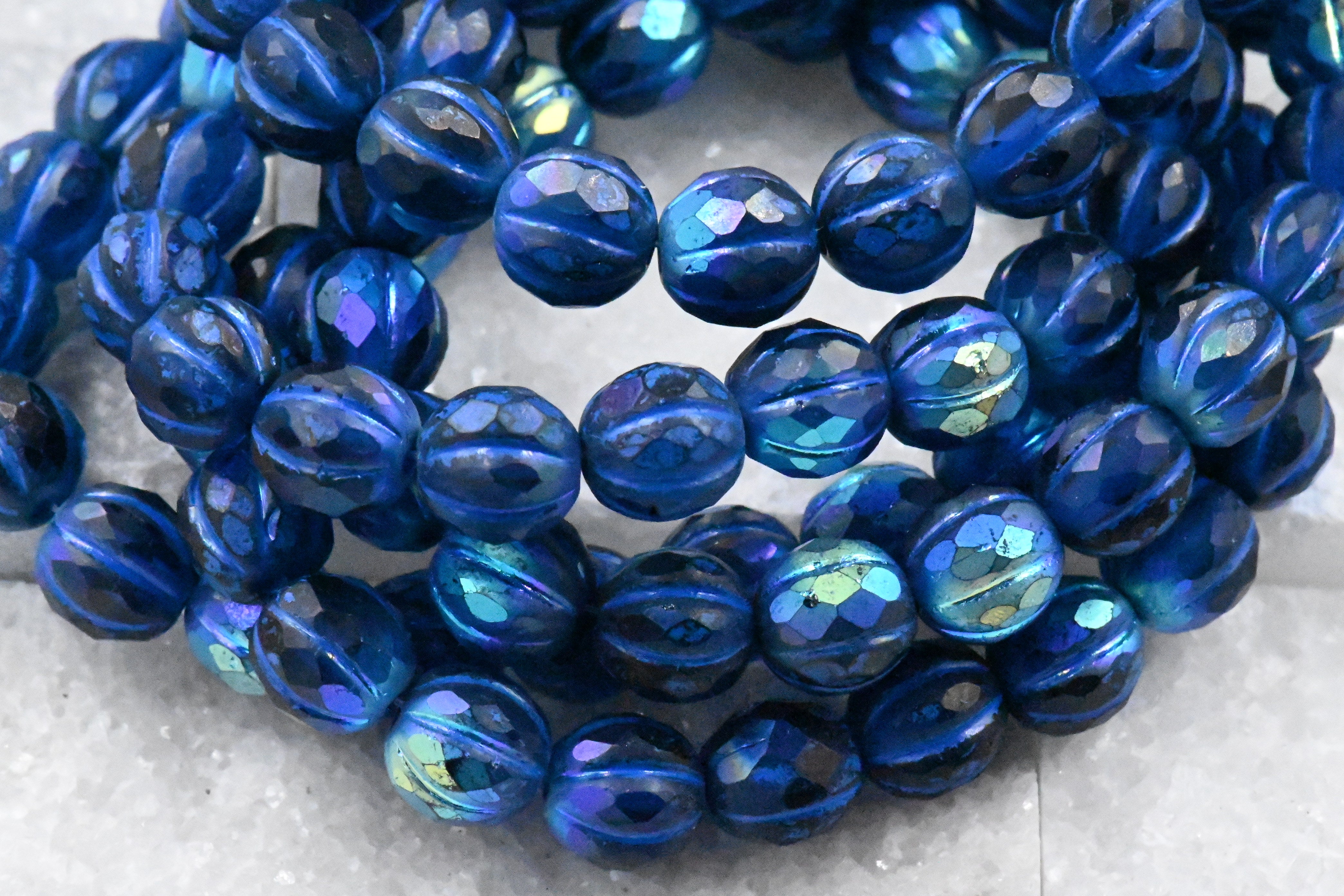 Czech Glass Beads 8mm Faceted Melon Sapphire Blue with Matte, AB, and Indigo Finishes 20pc