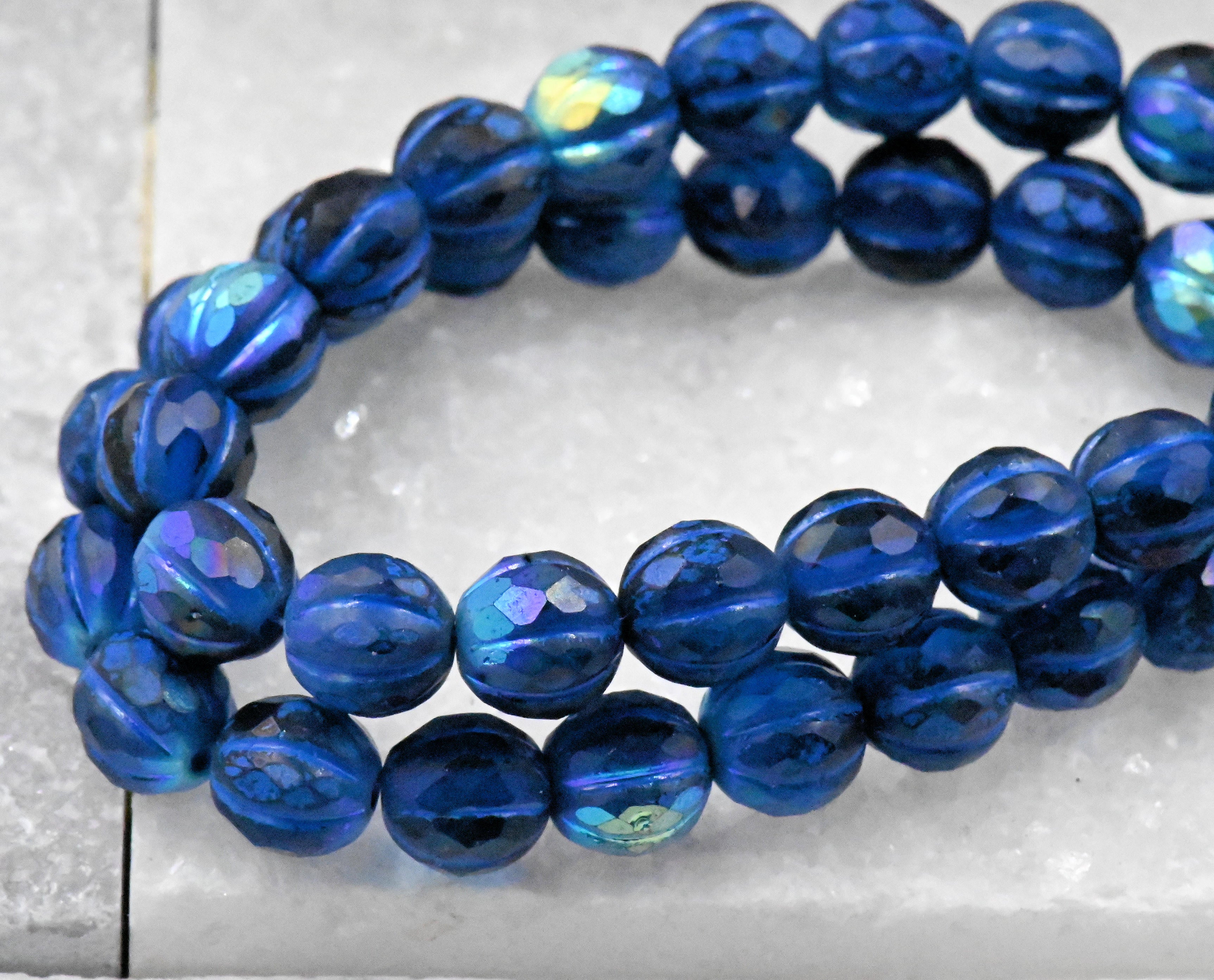 Czech Glass Beads 8mm Faceted Melon Sapphire Blue with Matte, AB, and Indigo Finishes 20pc