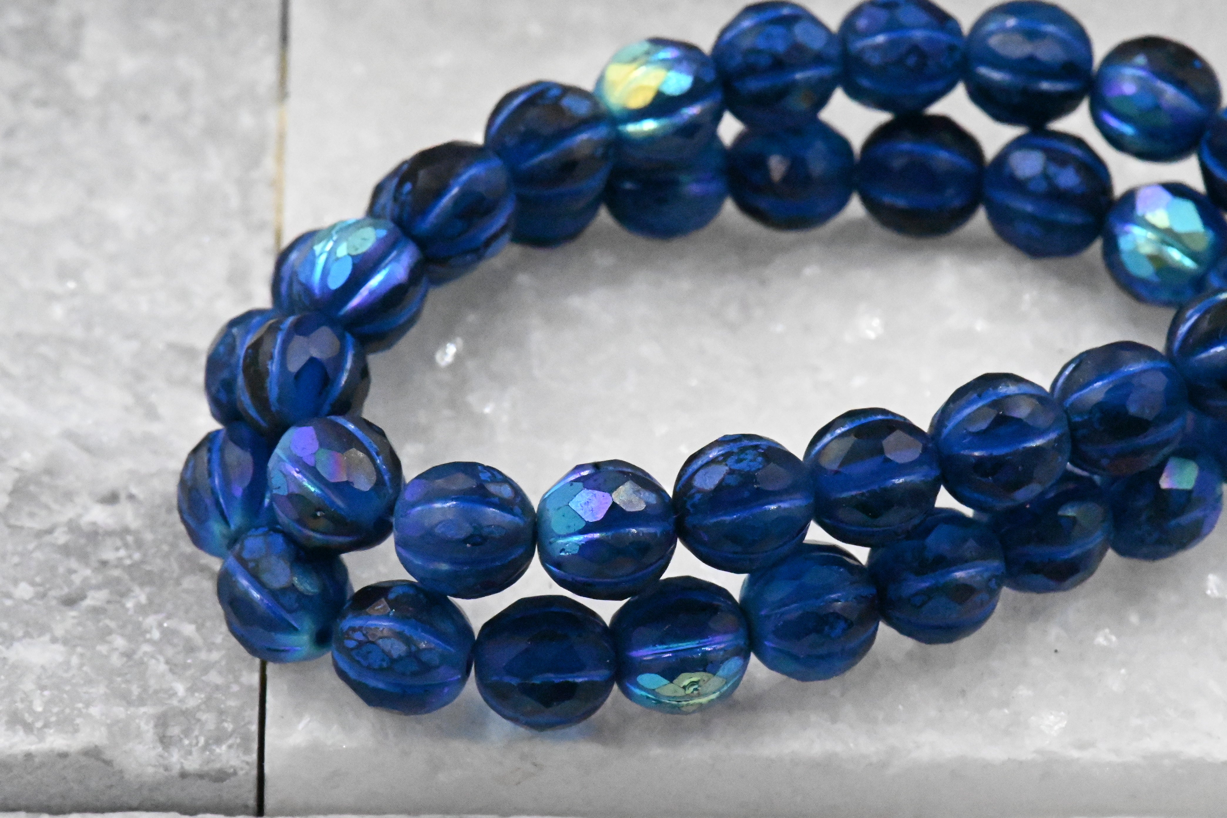 Czech Glass Beads 8mm Faceted Melon Sapphire Blue with Matte, AB, and Indigo Finishes 20pc