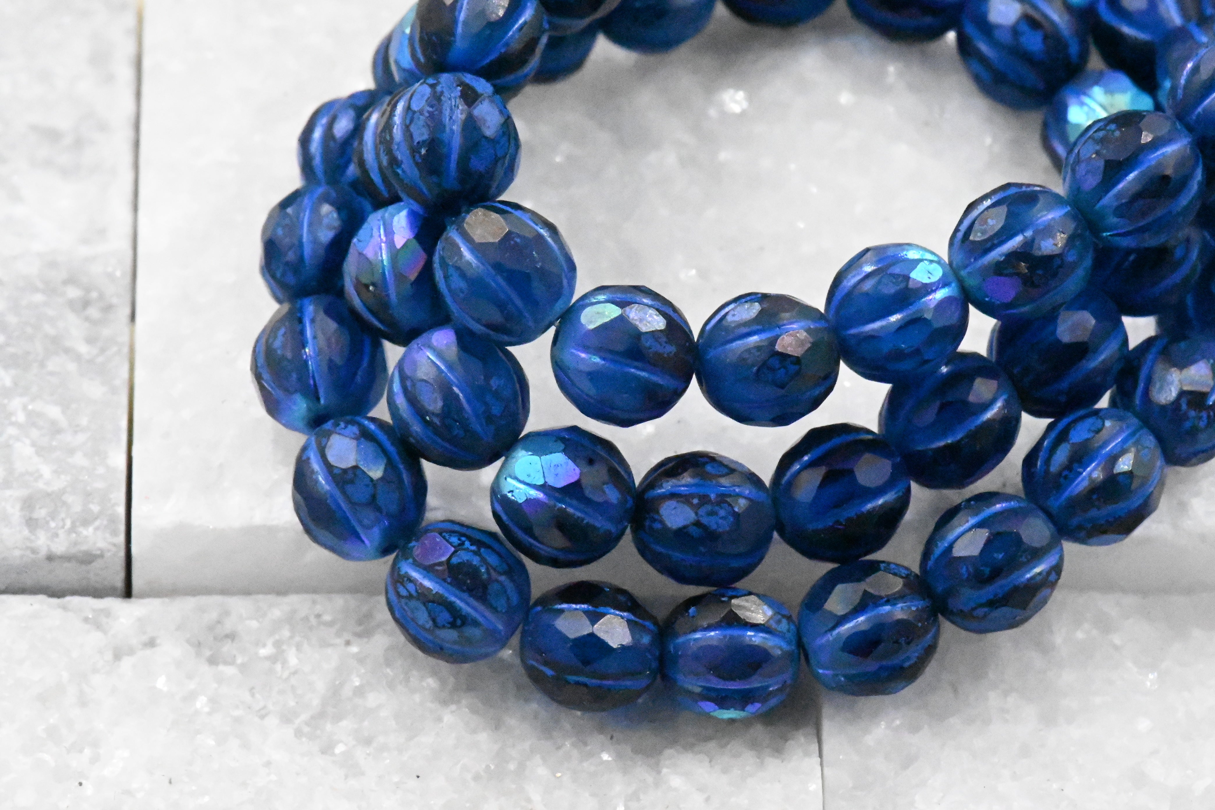 Czech Glass Beads 8mm Faceted Melon Sapphire Blue with Matte, AB, and Indigo Finishes 20pc