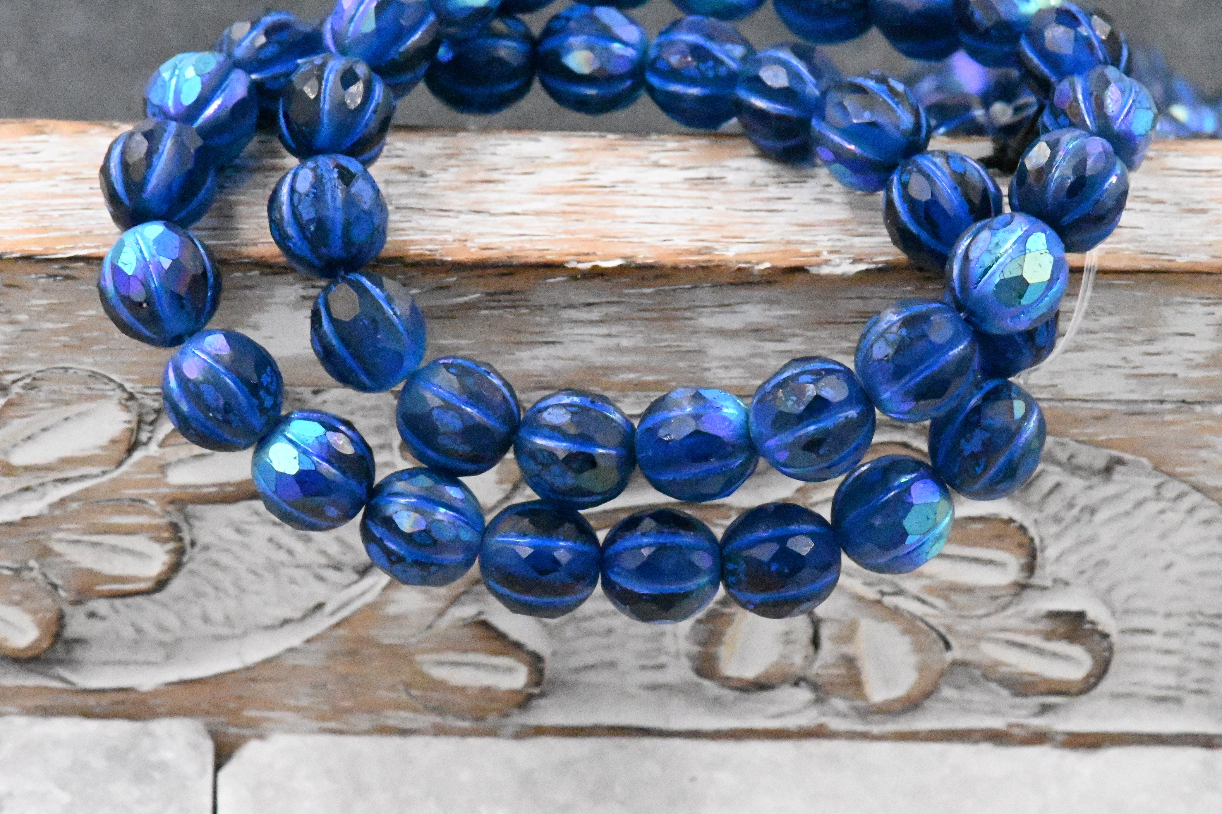 Czech Glass Beads 8mm Faceted Melon Sapphire Blue with Matte, AB, and Indigo Finishes 20pc