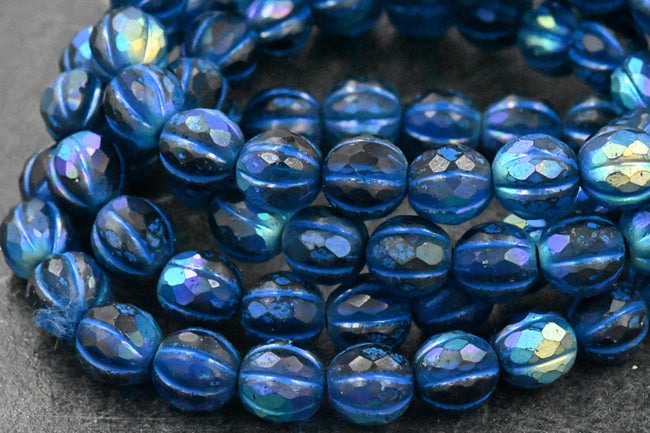Czech Glass Beads 8mm Faceted Melon Sapphire Blue with Matte, AB, and Indigo Finishes 20pc Hover Image
