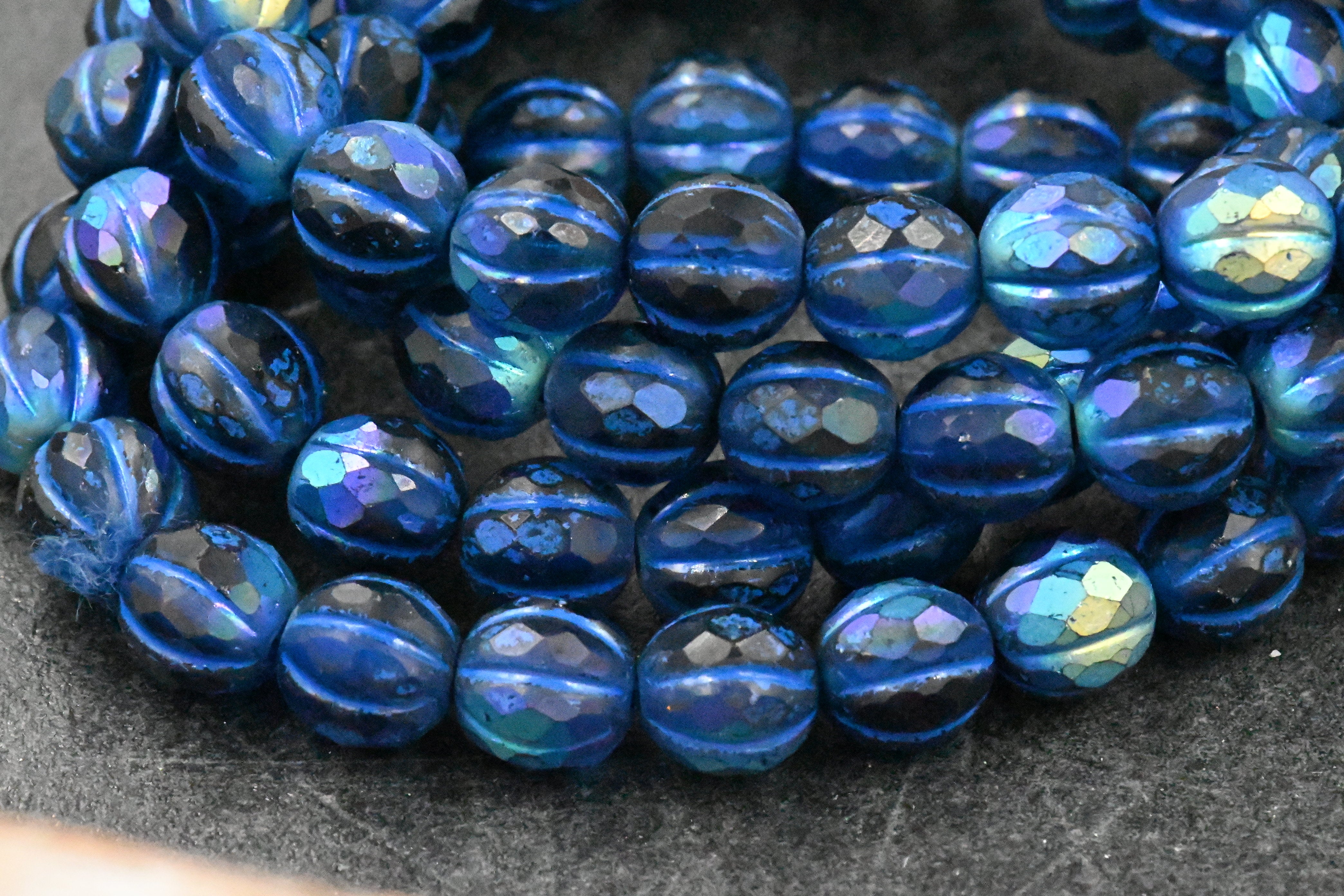 Czech Glass Beads 8mm Faceted Melon Sapphire Blue with Matte, AB, and Indigo Finishes 20pc