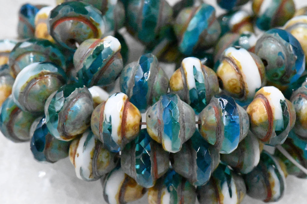 15pc Czech Glass 8x10mm Saturn Pacific Blue and White with Picasso Finish