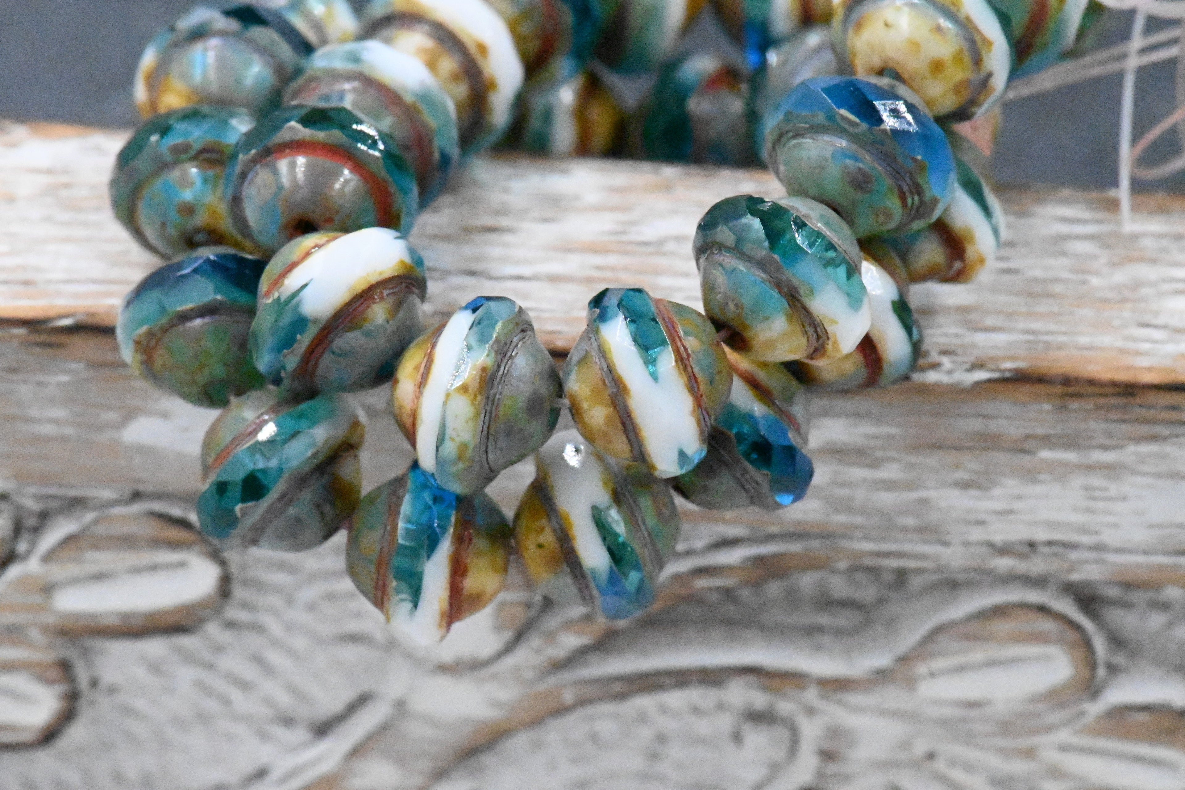 15pc Czech Glass 8x10mm Saturn Pacific Blue and White with Picasso Finish