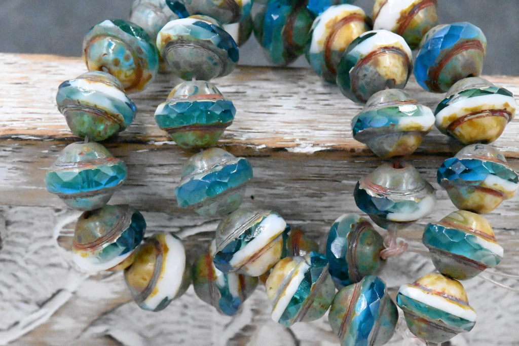 15pc Czech Glass 8x10mm Saturn Pacific Blue and White with Picasso Finish