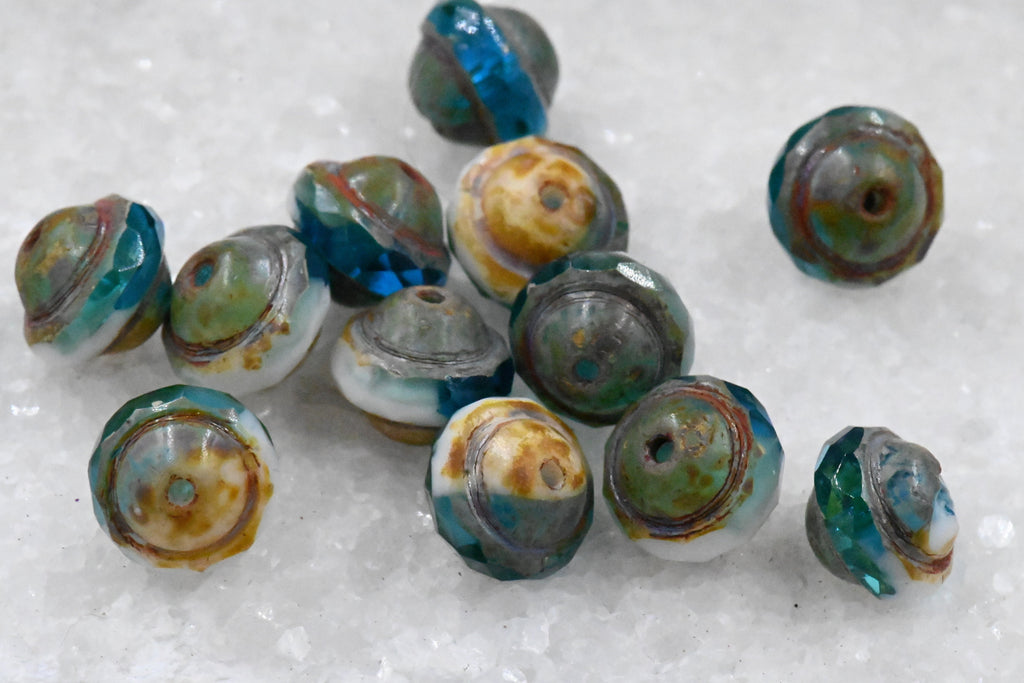 15pc Czech Glass 8x10mm Saturn Pacific Blue and White with Picasso Finish