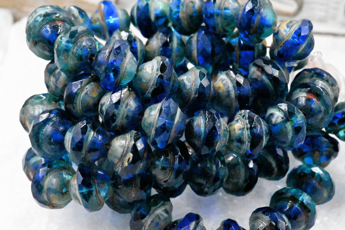 15mm Czech Glass Beads Saturn Sapphire blue with Picasso Finish 8x10mm