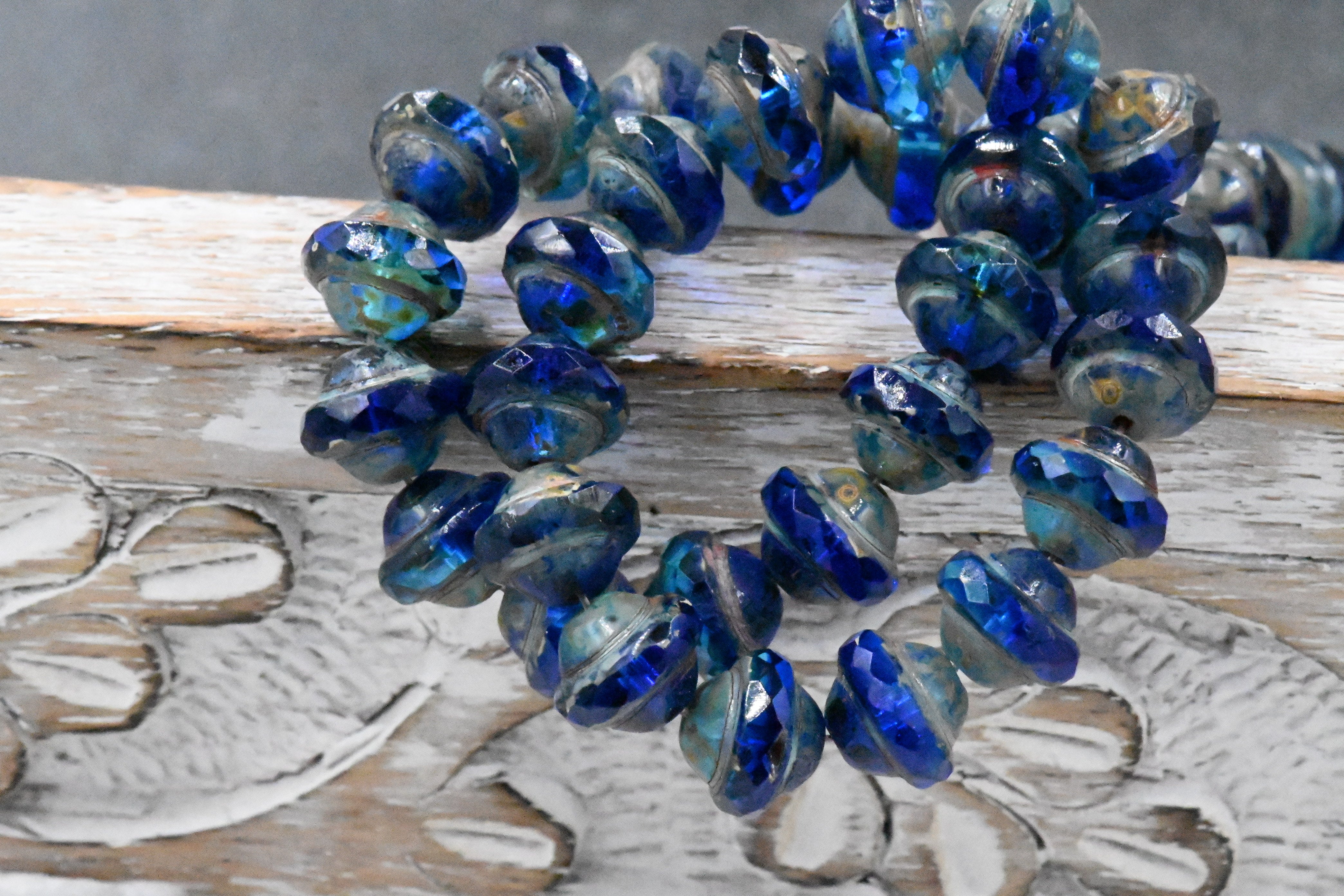 15mm Czech Glass Beads Saturn Sapphire blue with Picasso Finish 8x10mm