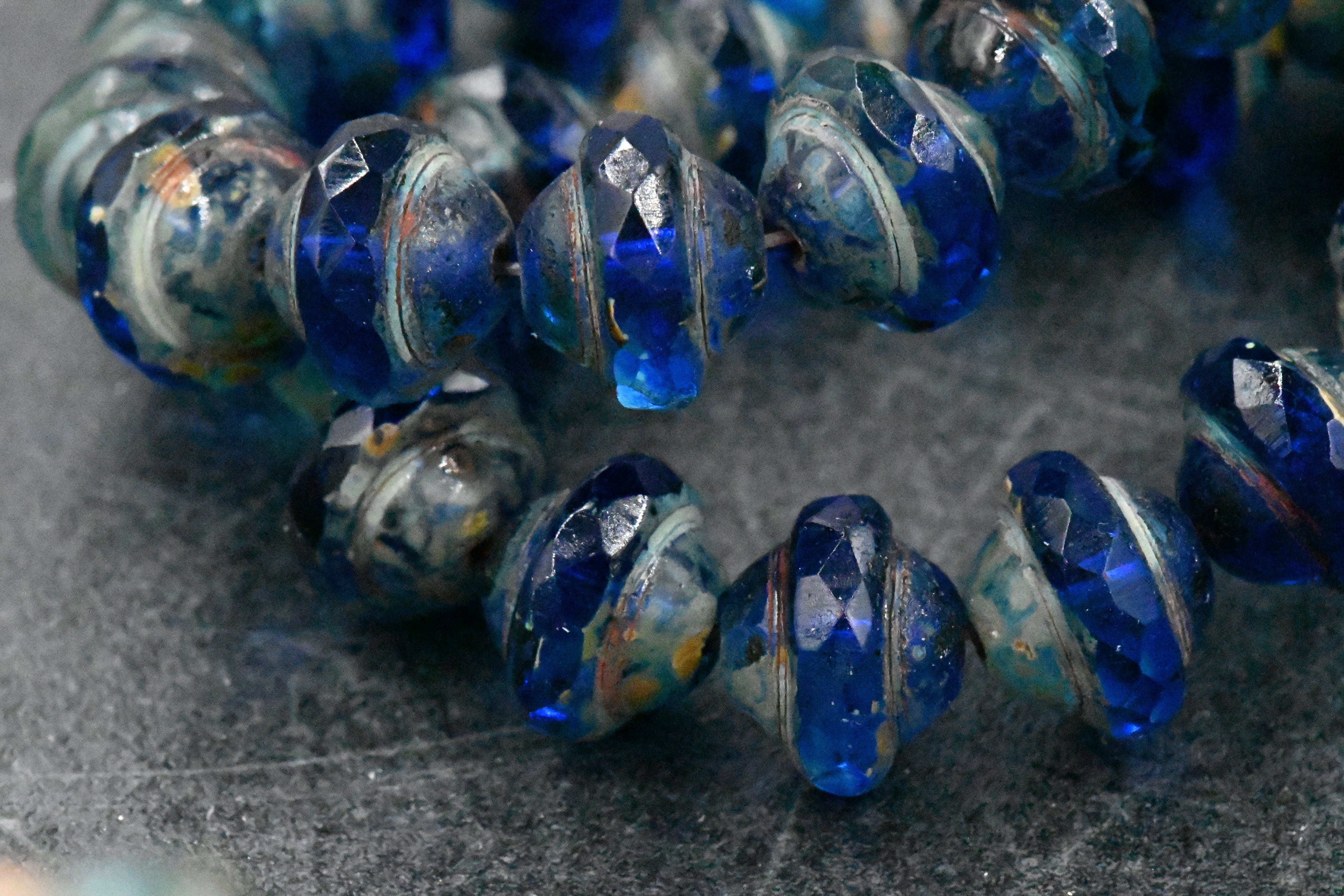 15mm Czech Glass Beads Saturn Sapphire blue with Picasso Finish 8x10mm