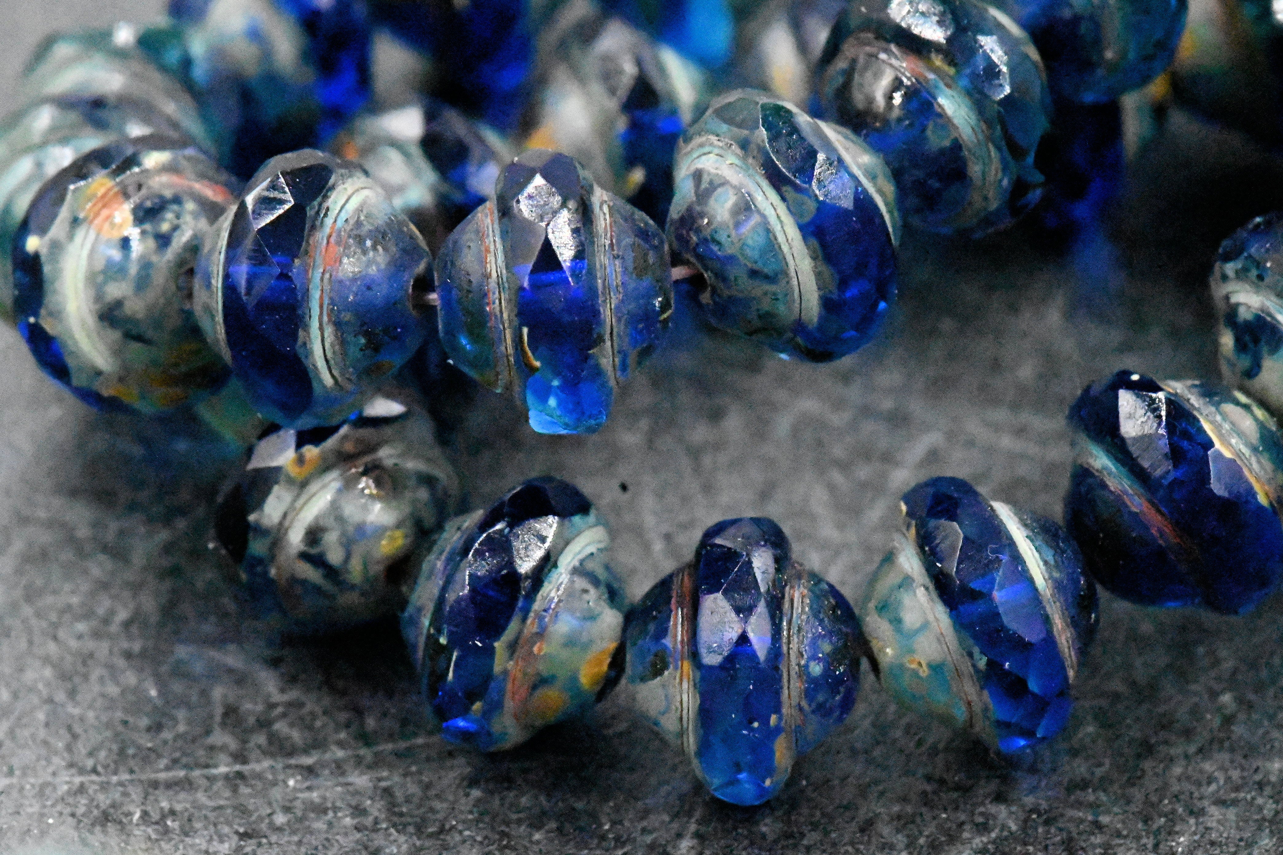 15mm Czech Glass Beads Saturn Sapphire blue with Picasso Finish 8x10mm