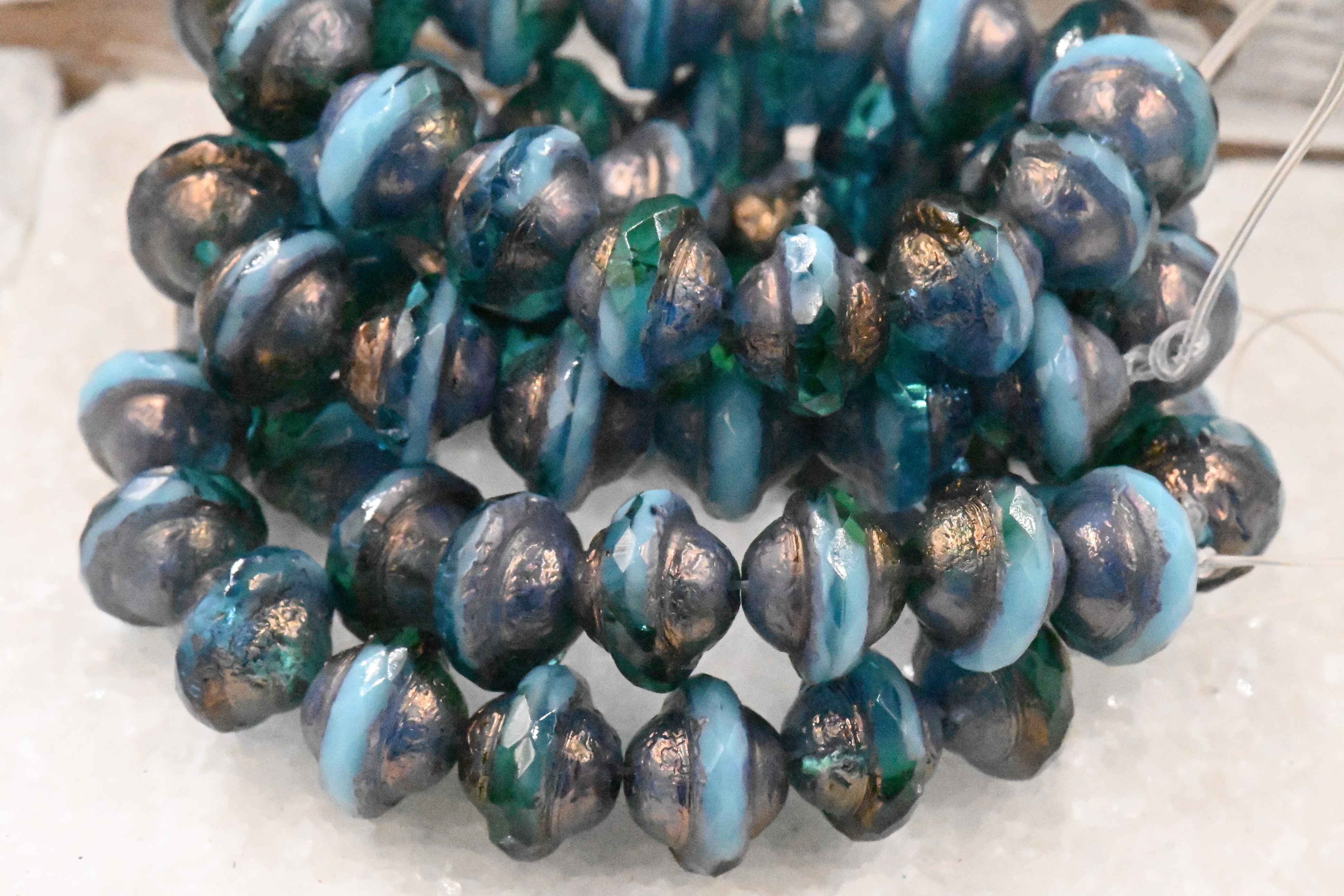 Czech Glass Beads 10x8mm Saturn Teal and Sky Blue with an Etched Finish and Bronze and Gold Washes, 6pc