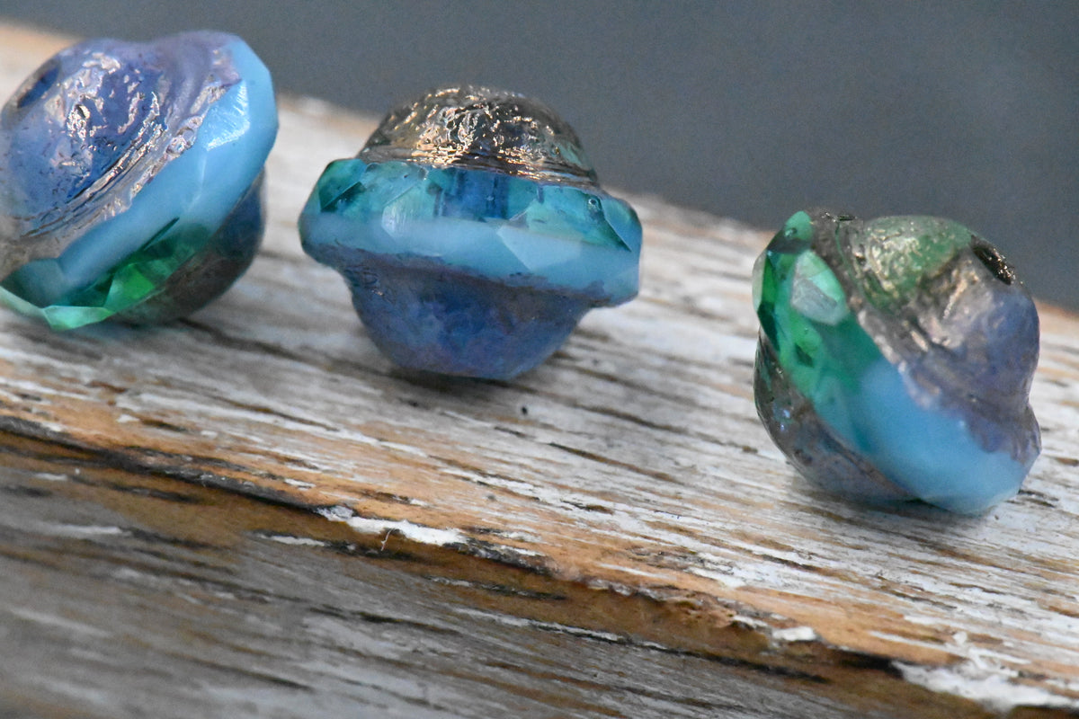 Czech Glass Beads 10x8mm Saturn Teal and Sky Blue with an Etched Finish and Bronze and Gold Washes, 6pc