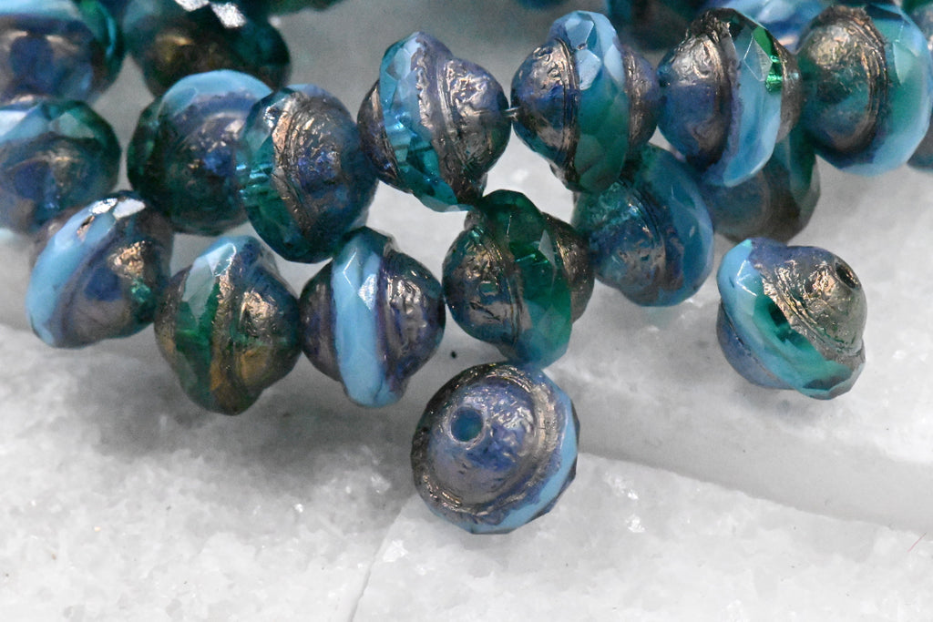 15pc Czech Glass Beads 10x8mm Saturn Teal and Sky Blue with an Etched Finish and Bronze and Gold Washes